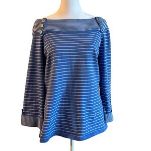 Jones New York Signature Blue Striped Button Shoulder Sweater Top XL